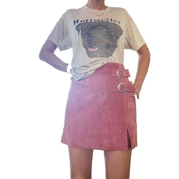 ANTHROPOLOGY Blank NYC 100% Leather PINK Suede Buckle Moto Mini Skirt Size 28 - Picture 1 of 9